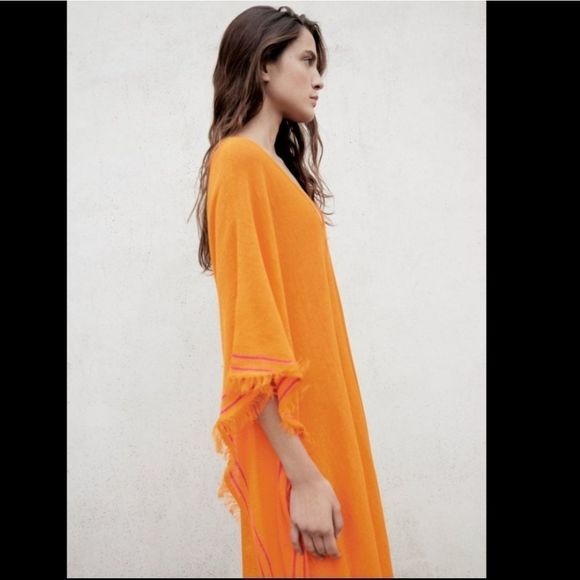 Orangish-yellow Zara linen kaftan dress size M/L, new with tags - Picture 2 of 11